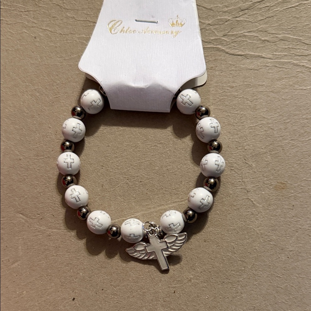 White Bead Bracelet with Winged Cross Charm - Women Jewelry